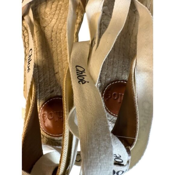 Chloe Beige/White Leather Canvas Espadrille Ankle Wrap Ingrid Flats sz 37/6.5 - Picture 12 of 13